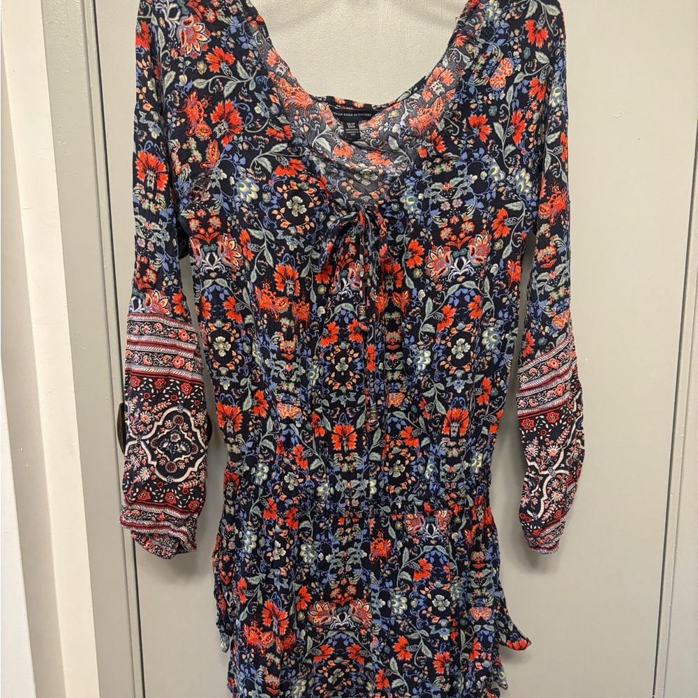 American Eagle Outfitters Blue and Red Long Sleeve Sundress